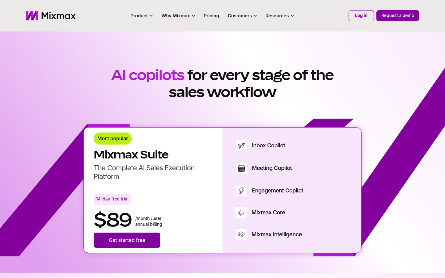 Screenshot of Mixmax's pricing page showing its plans and prices