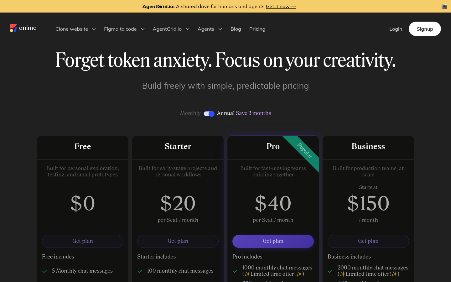 Screenshot of Anima's pricing page showing its plans and prices