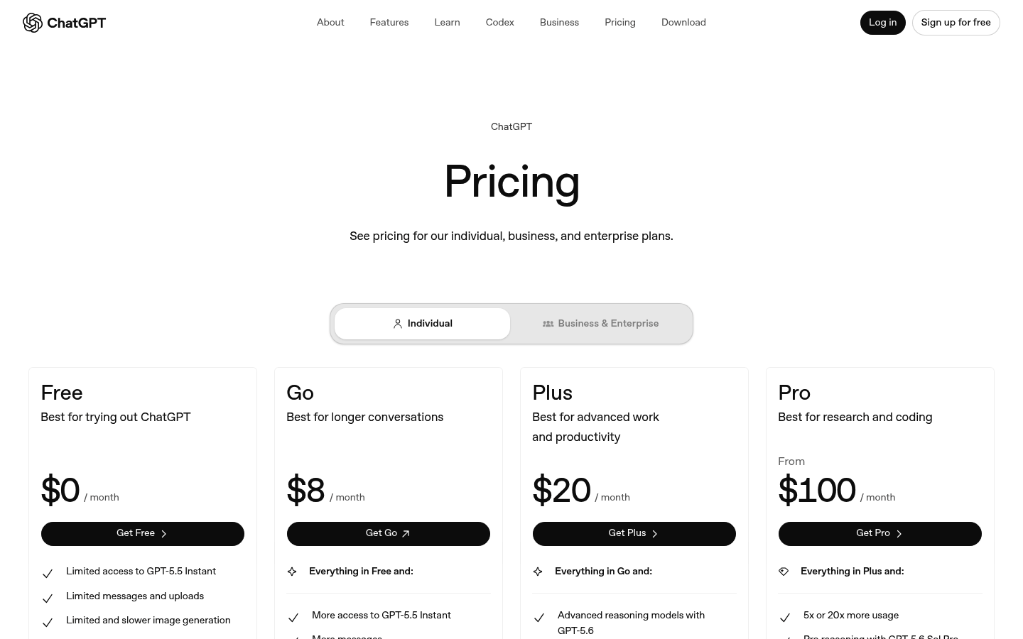 Screenshot of OpenAI's pricing page showing its plans and prices