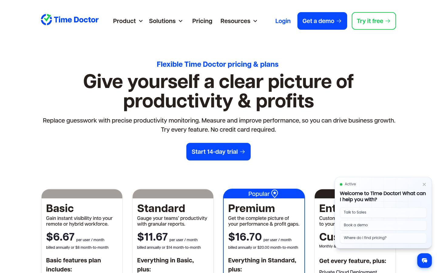 Screenshot of Time Doctor's pricing page showing its plans and prices