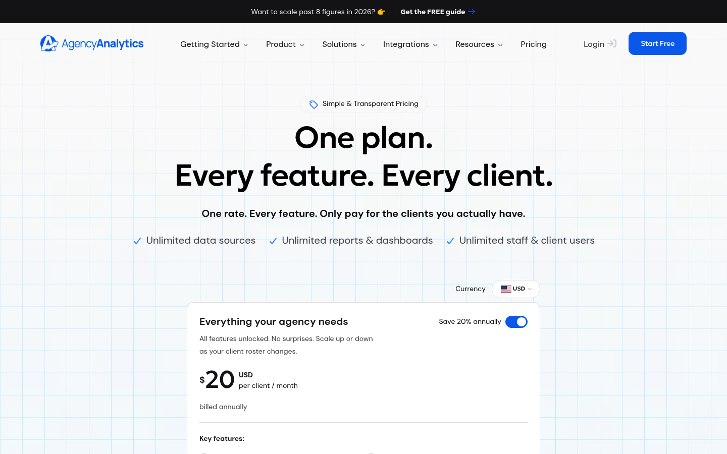 Screenshot of AgencyAnalytics's pricing page showing its plans and prices