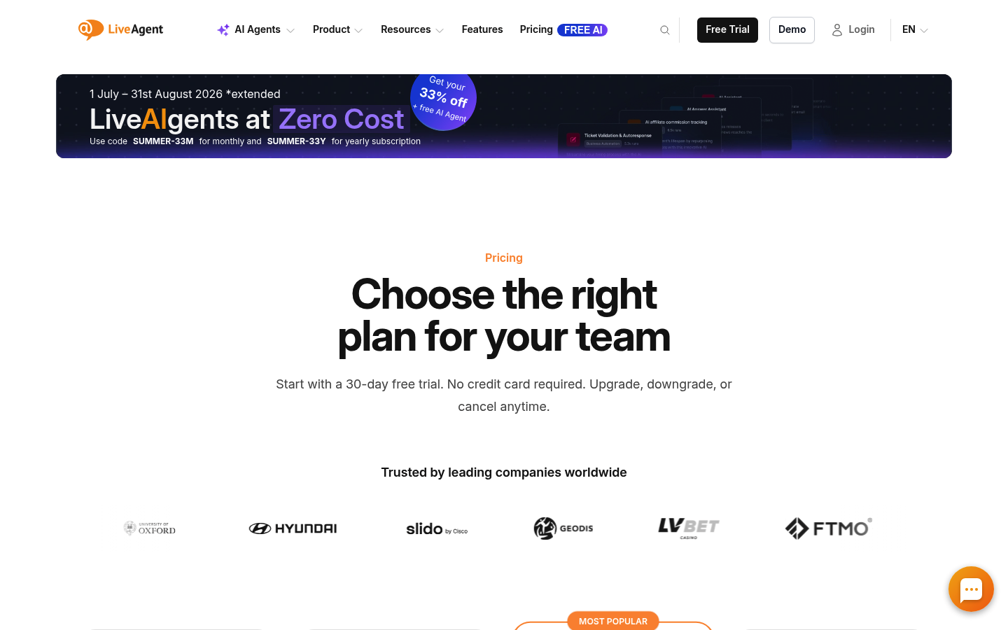 Screenshot of LiveAgent's pricing page showing its plans and prices