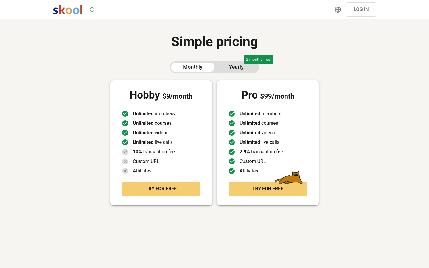 Screenshot of Skool's pricing page showing its plans and prices