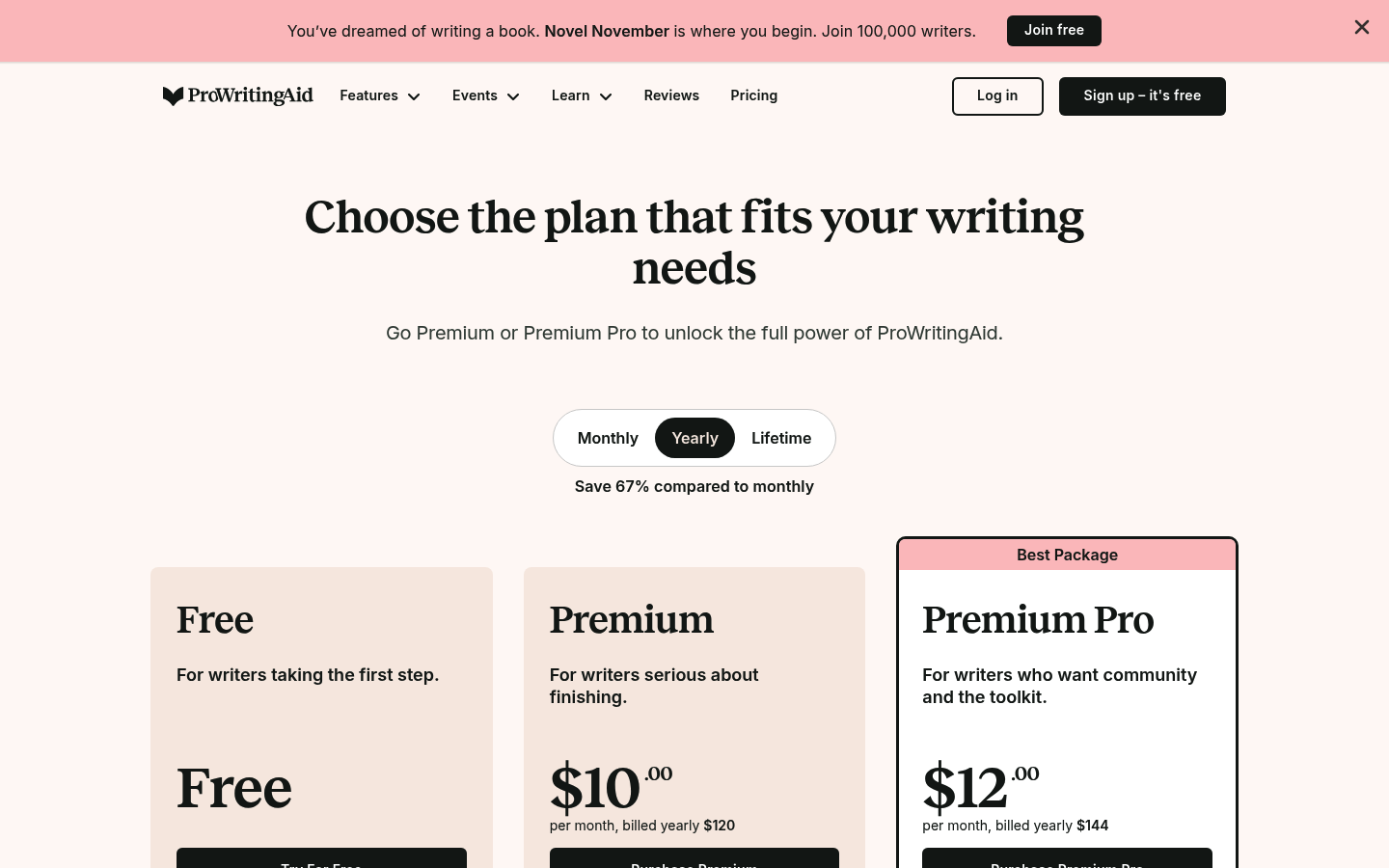 Screenshot of ProWritingAid's pricing page showing its plans and prices