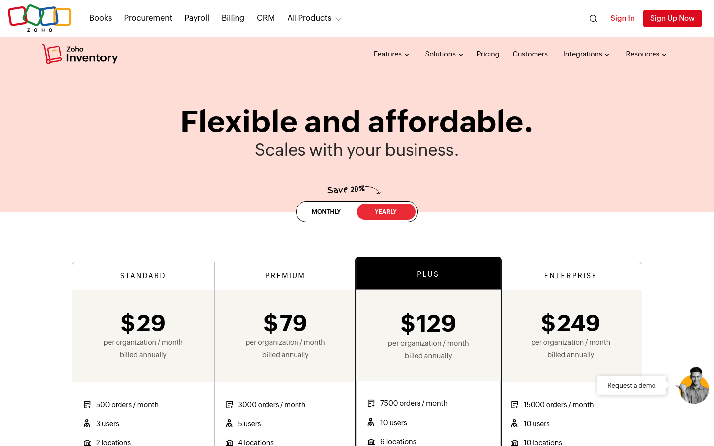 Screenshot of Zoho Inventory's pricing page showing its plans and prices