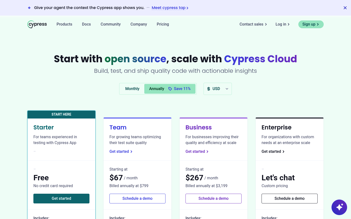 Screenshot of Cypress Cloud's pricing page showing its plans and prices