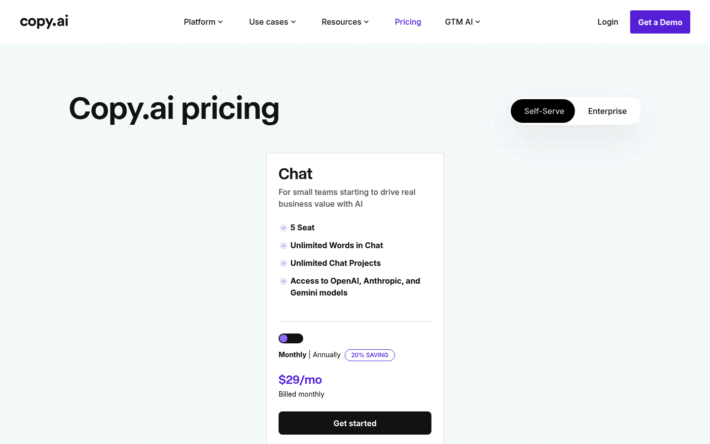 Screenshot of Copy.ai's pricing page showing its plans and prices