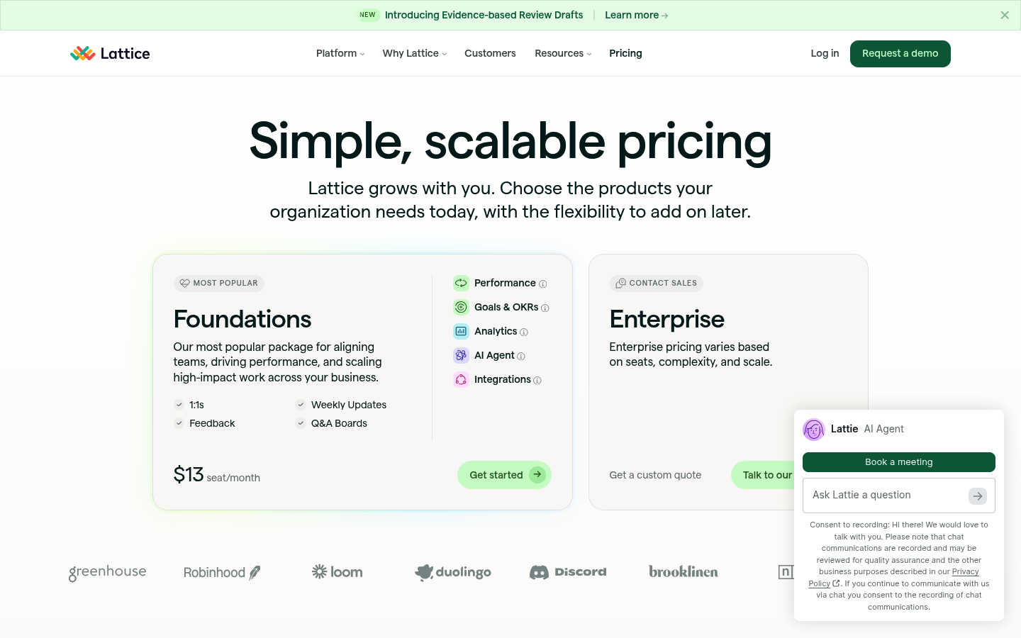 Screenshot of Lattice's pricing page showing its plans and prices