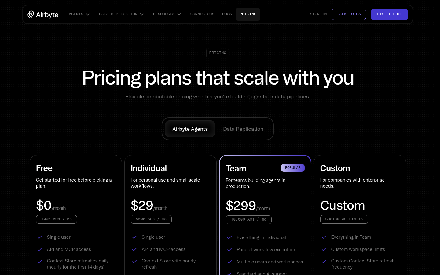 Screenshot of Airbyte's pricing page showing its plans and prices