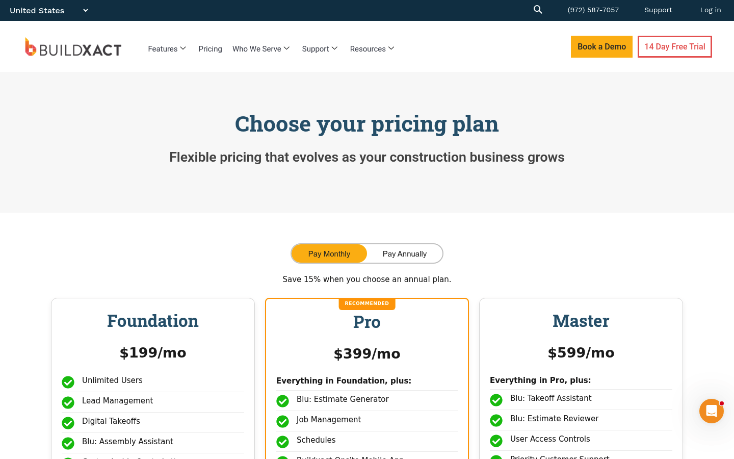 Screenshot of Buildxact's pricing page showing its plans and prices