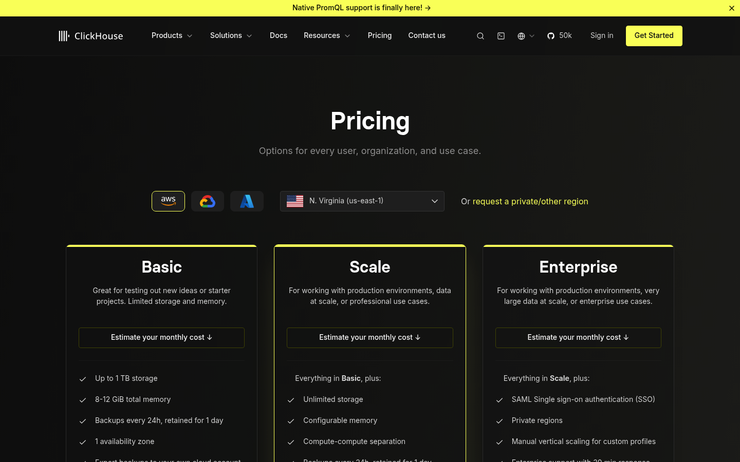 Screenshot of ClickHouse's pricing page showing its plans and prices
