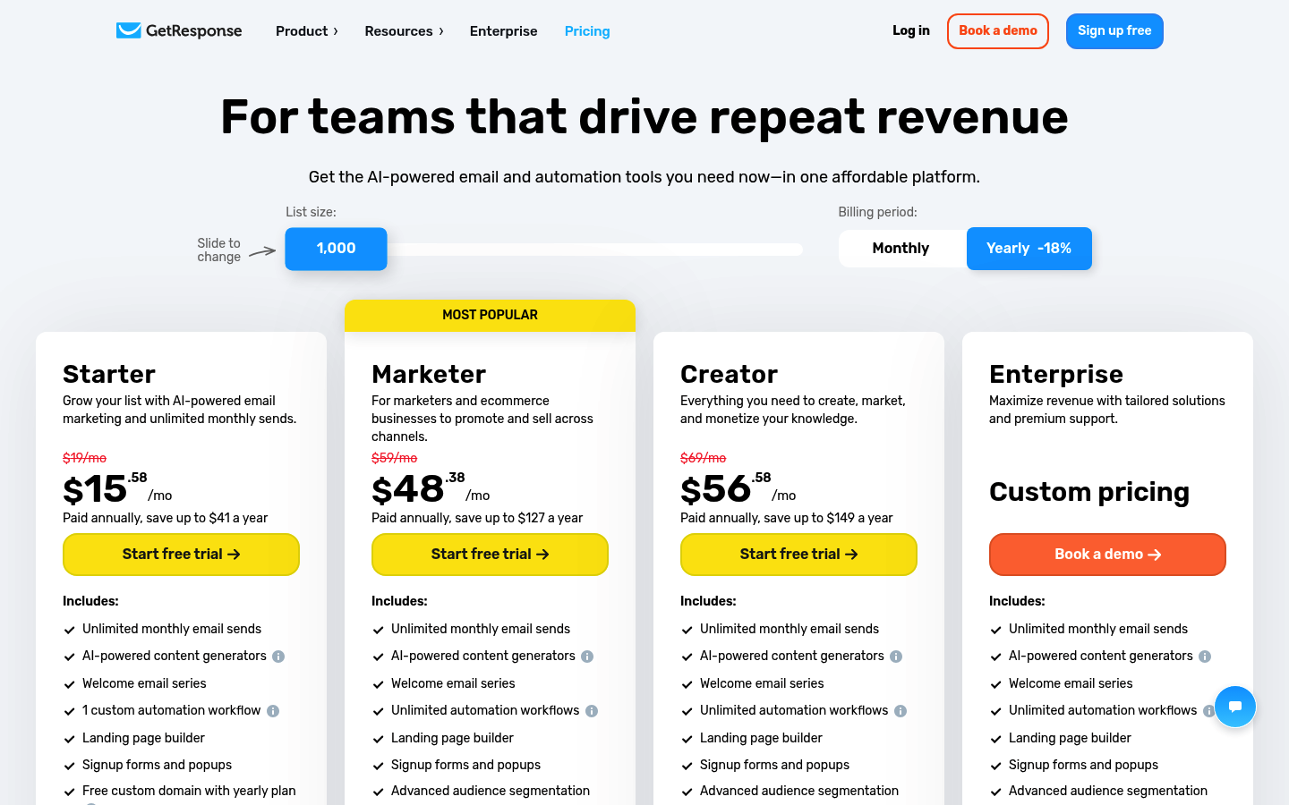 Screenshot of GetResponse's pricing page showing its plans and prices
