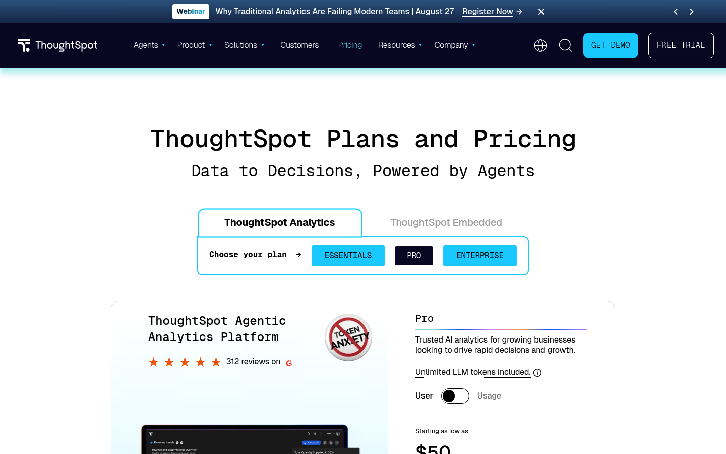 Screenshot of ThoughtSpot's pricing page showing its plans and prices