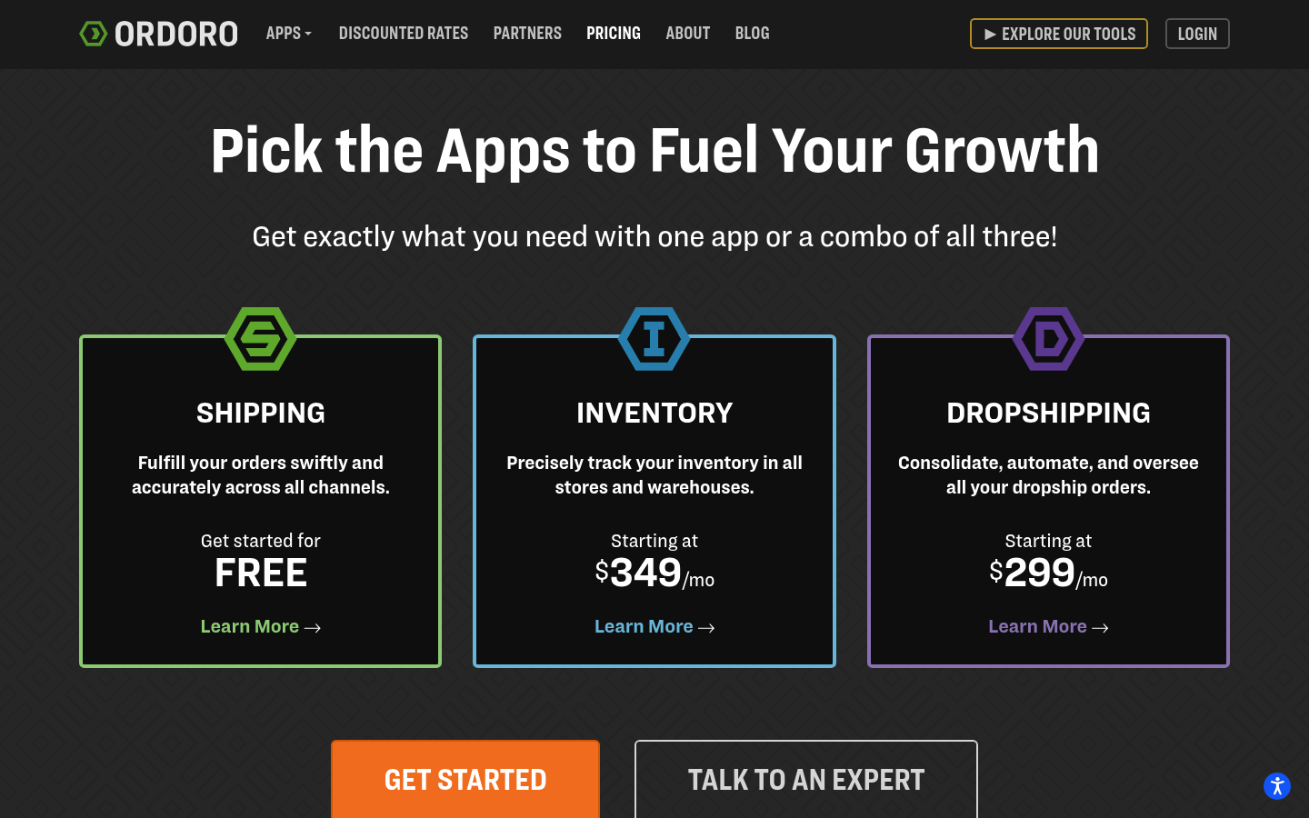 Screenshot of Ordoro's pricing page showing its plans and prices
