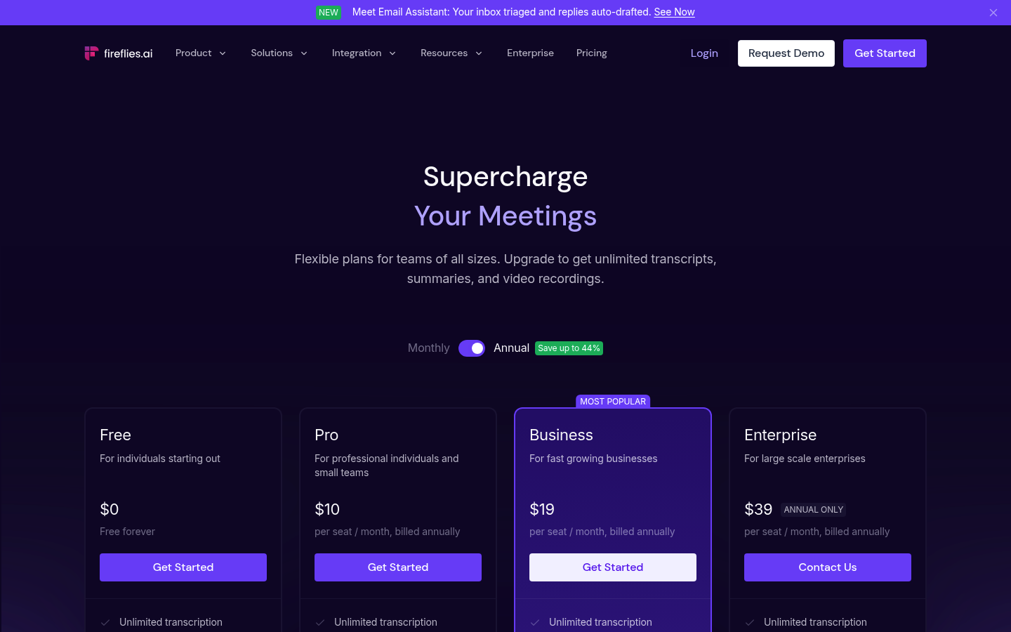 Screenshot of Fireflies's pricing page showing its plans and prices