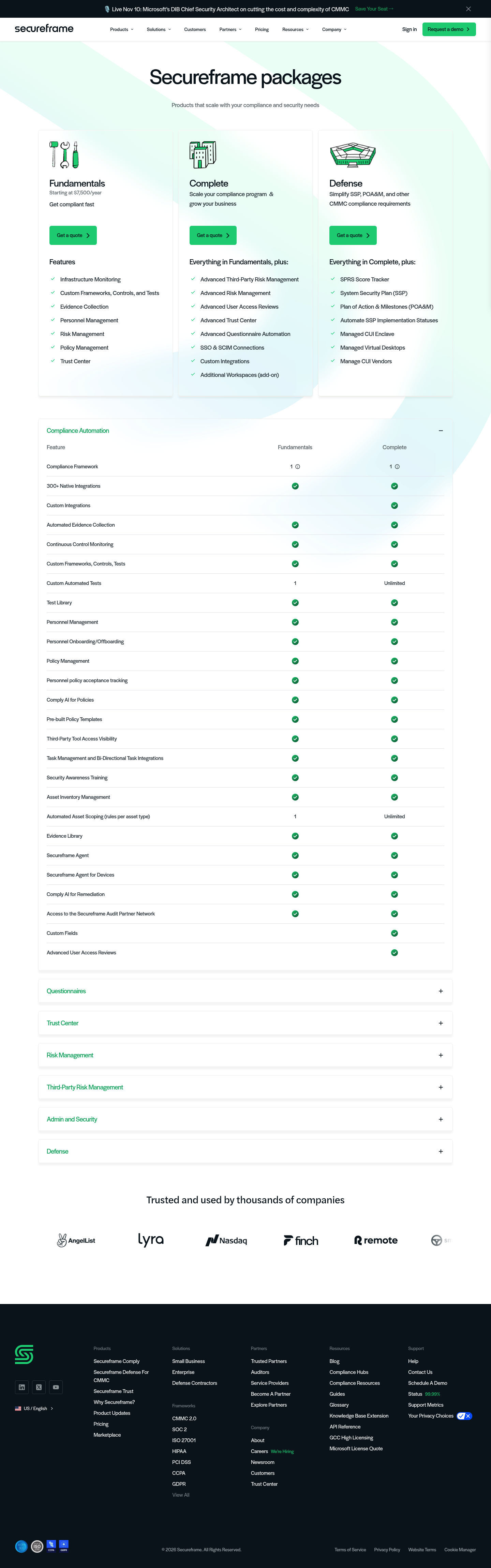 Screenshot of Secureframe's pricing page showing its plans and prices