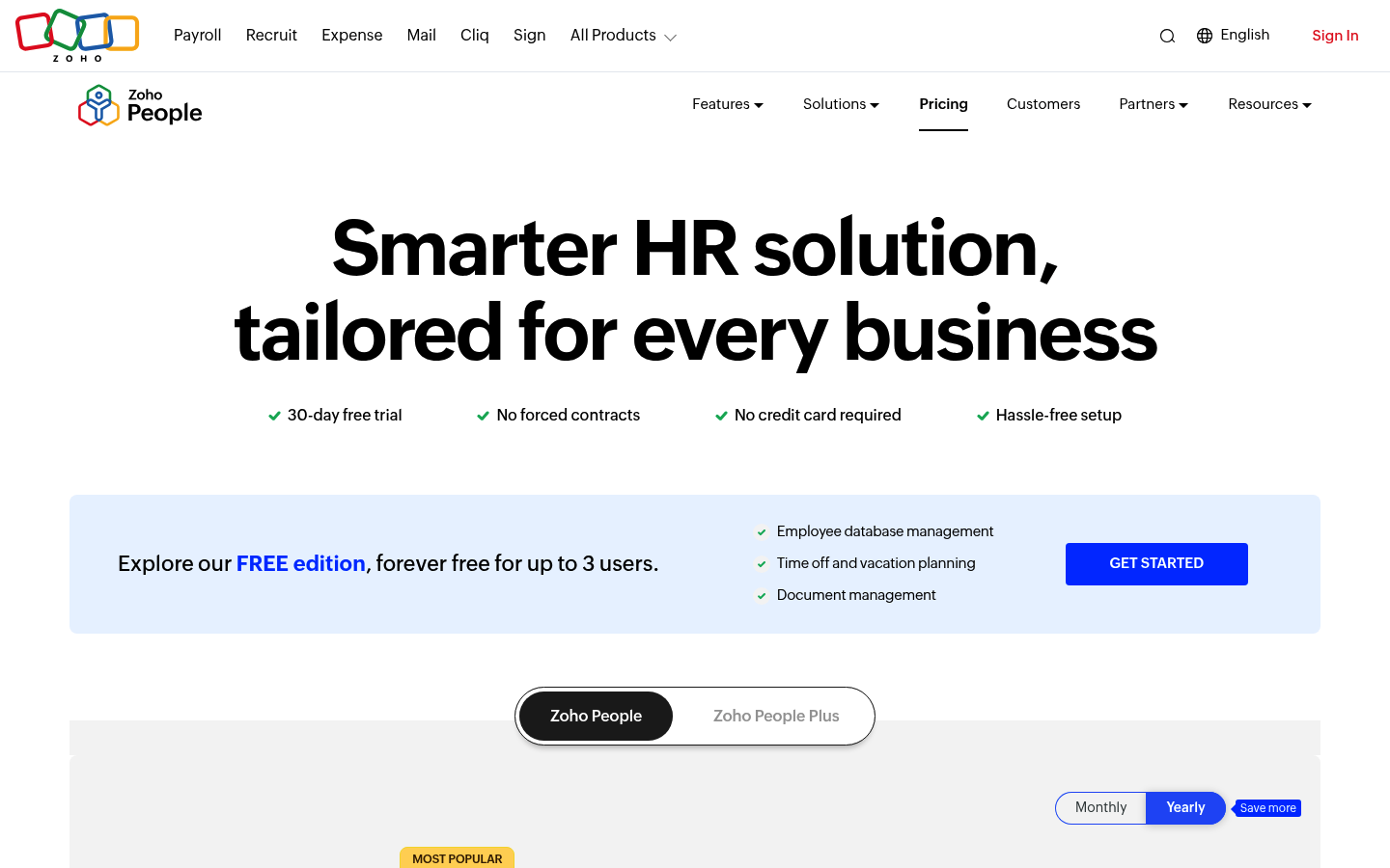 Screenshot of Zoho People's pricing page showing its plans and prices