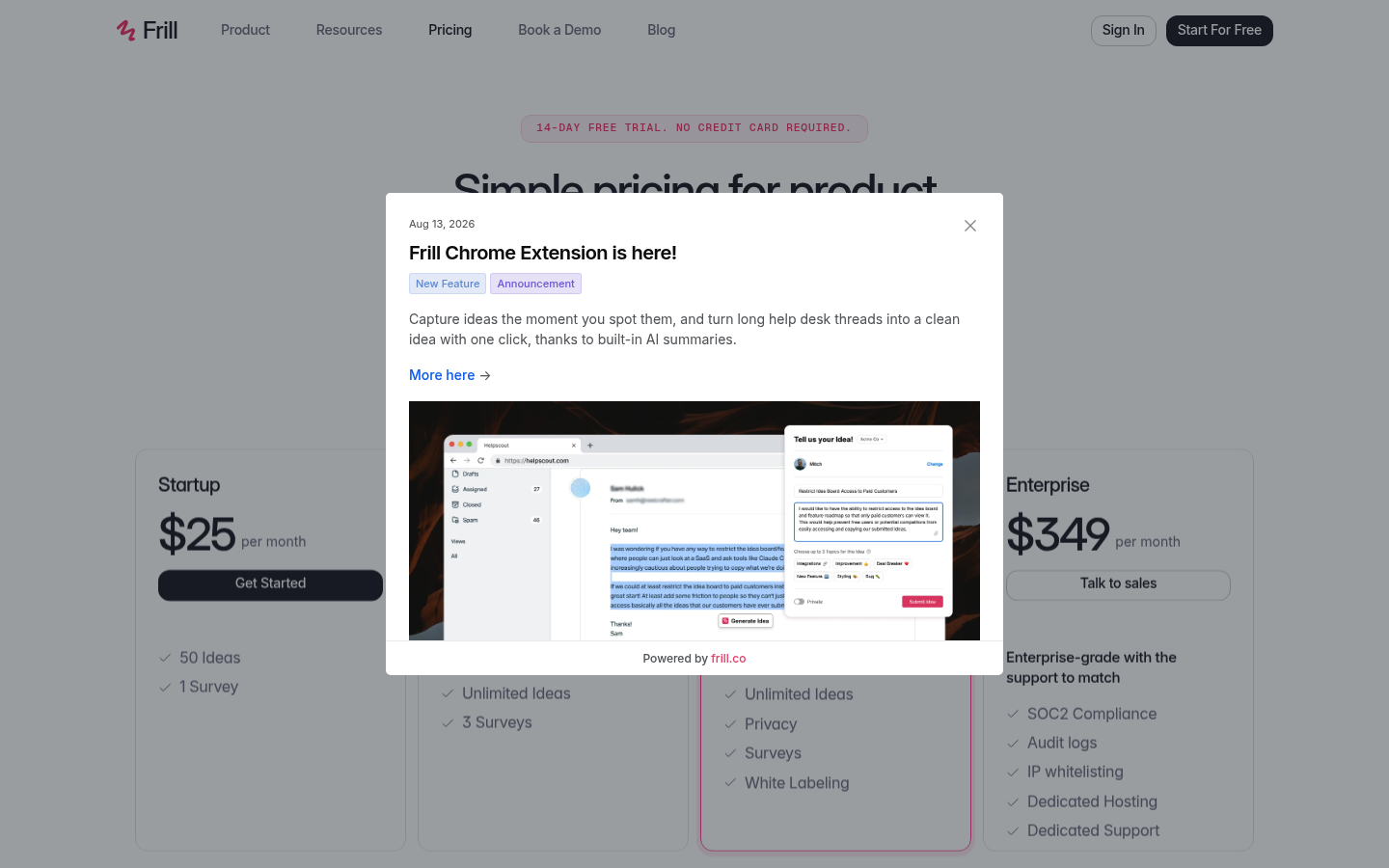 Screenshot of Frill's pricing page showing its plans and prices