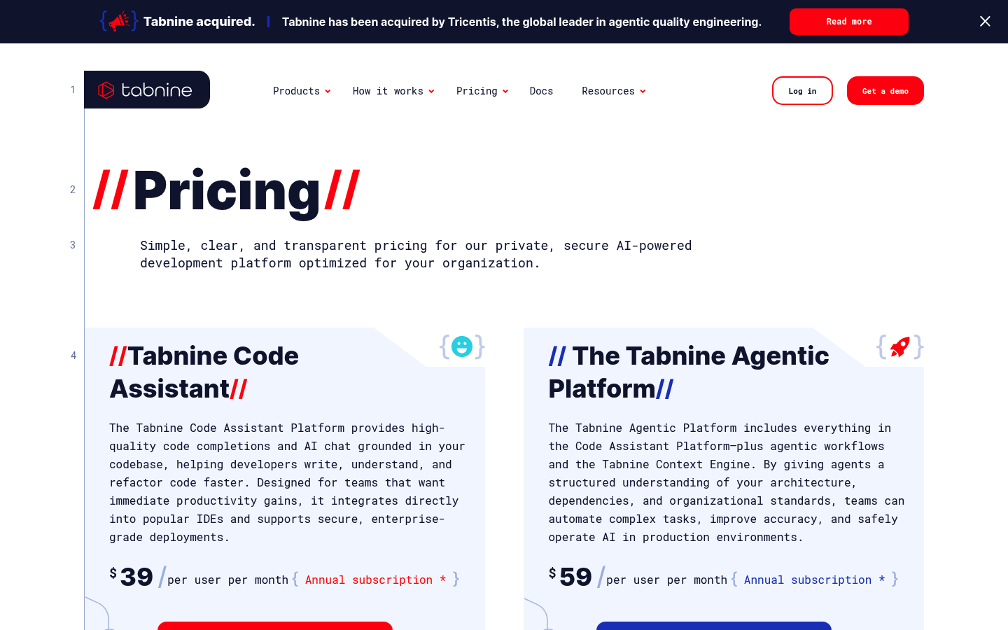 Screenshot of Tabnine's pricing page showing its plans and prices