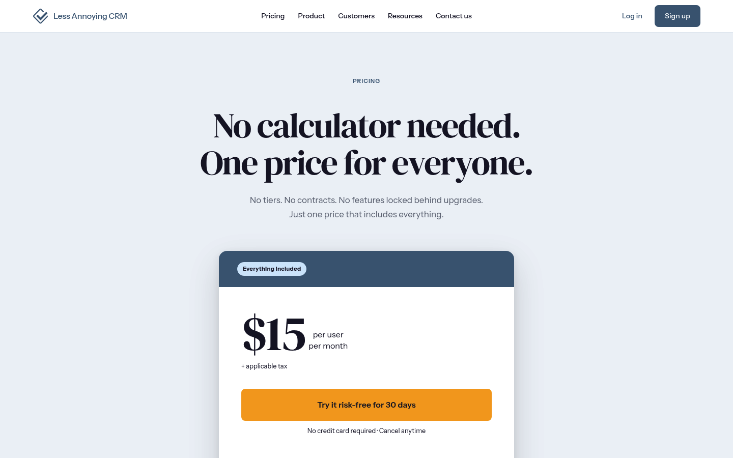 Screenshot of Less Annoying CRM's pricing page showing its plans and prices