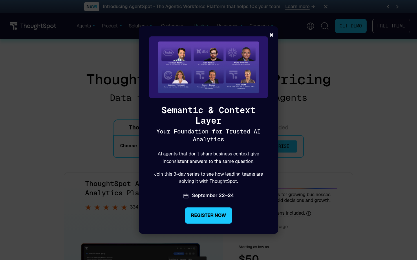 Screenshot of ThoughtSpot's pricing page showing its plans and prices