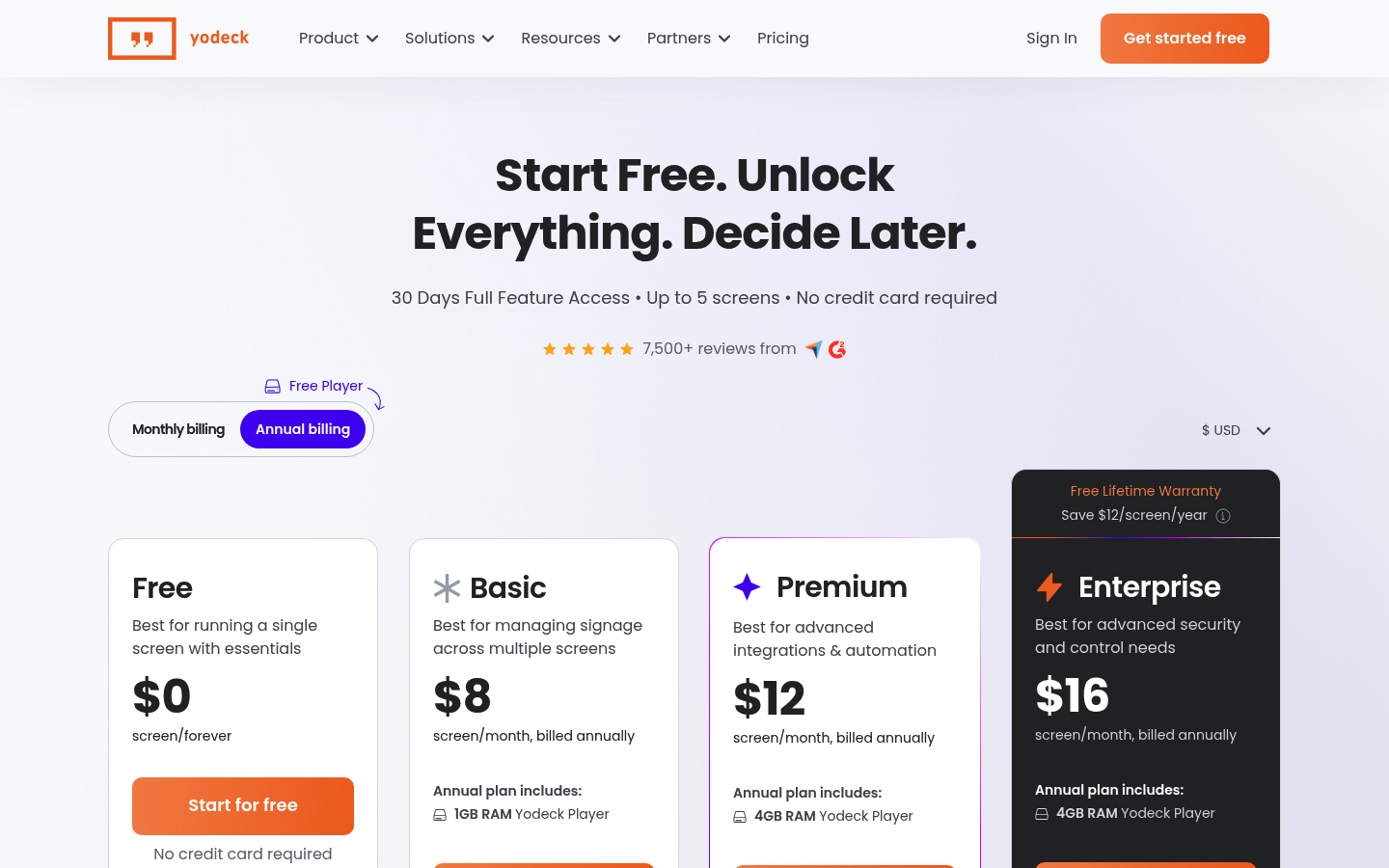 Screenshot of Yodeck's pricing page showing its plans and prices