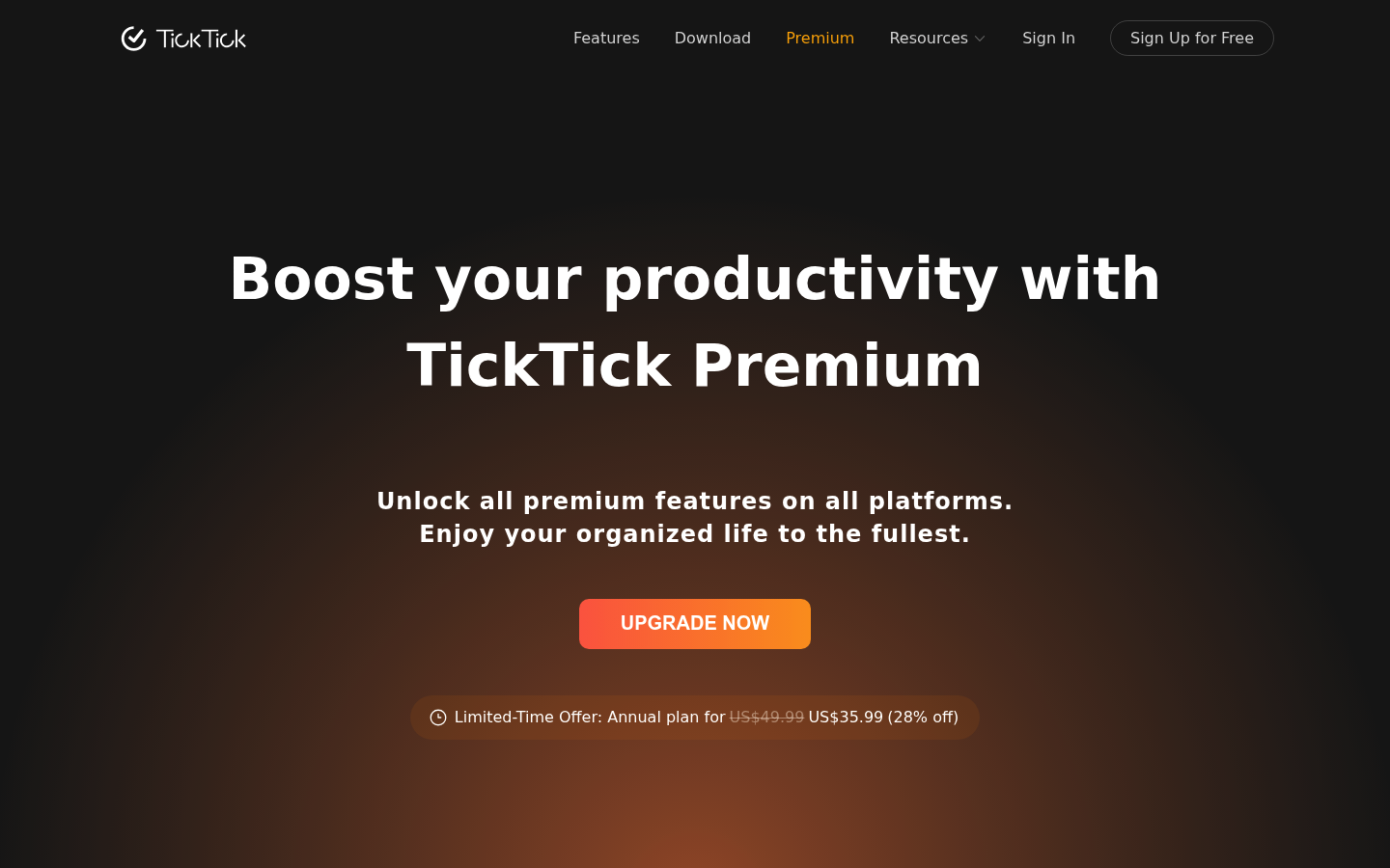 Screenshot of TickTick's pricing page showing its plans and prices