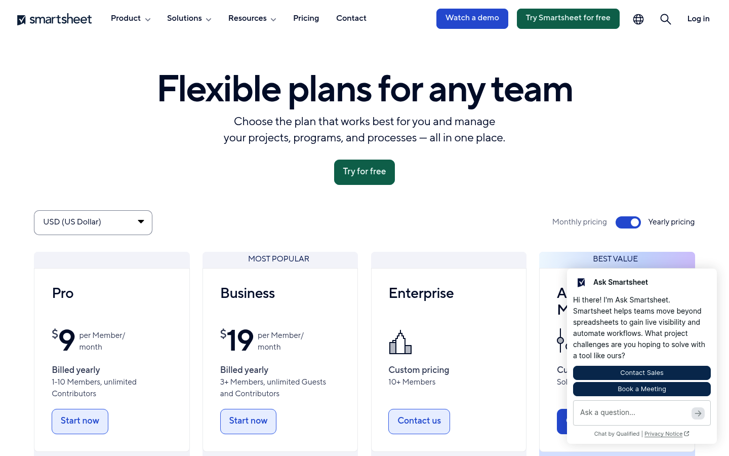 Screenshot of Smartsheet's pricing page showing its plans and prices