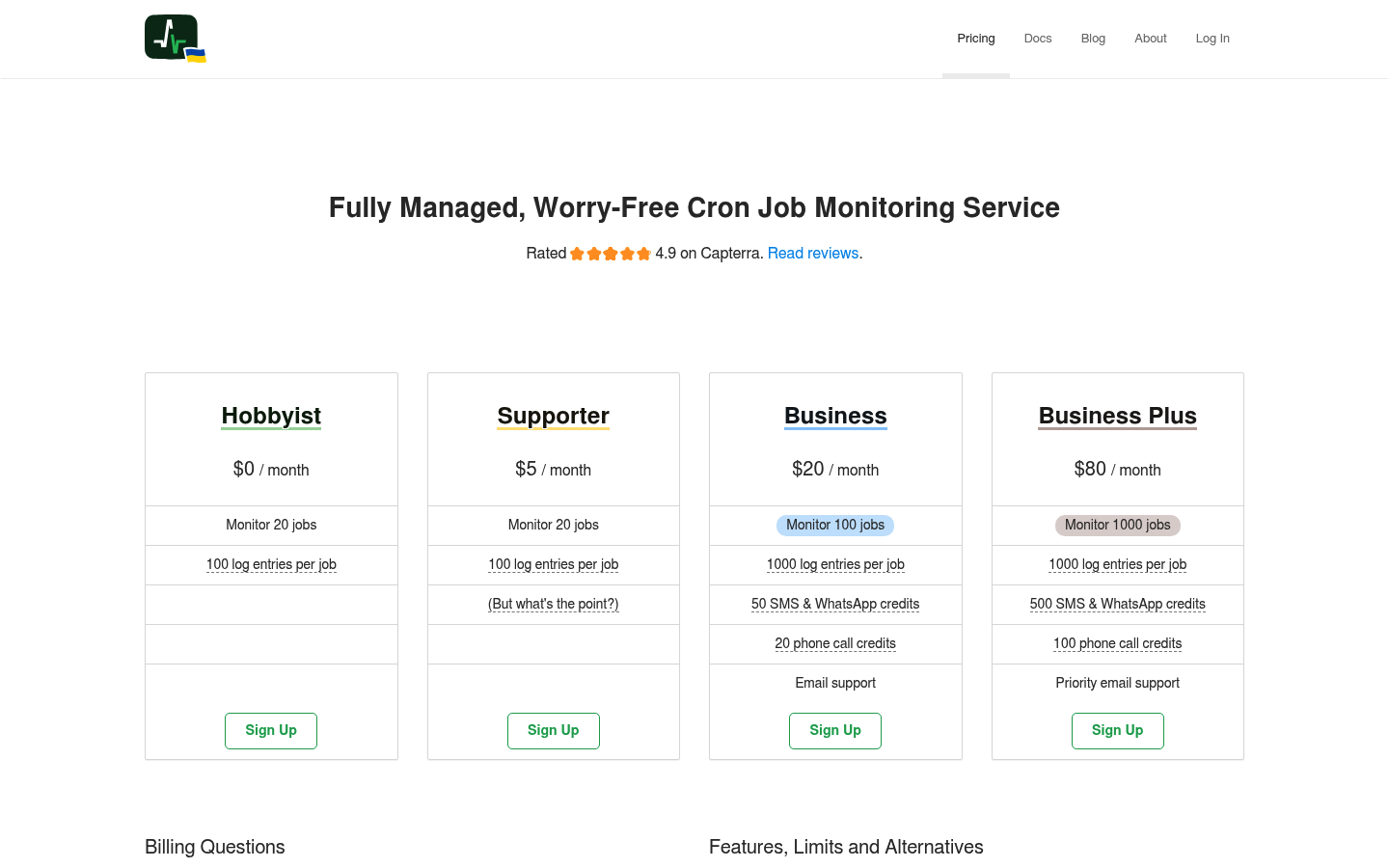 Screenshot of Healthchecks.io's pricing page showing its plans and prices
