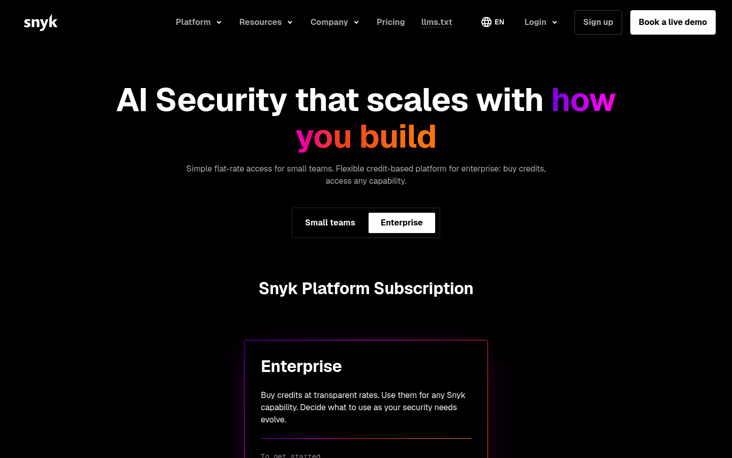 Screenshot of Snyk's pricing page showing its plans and prices