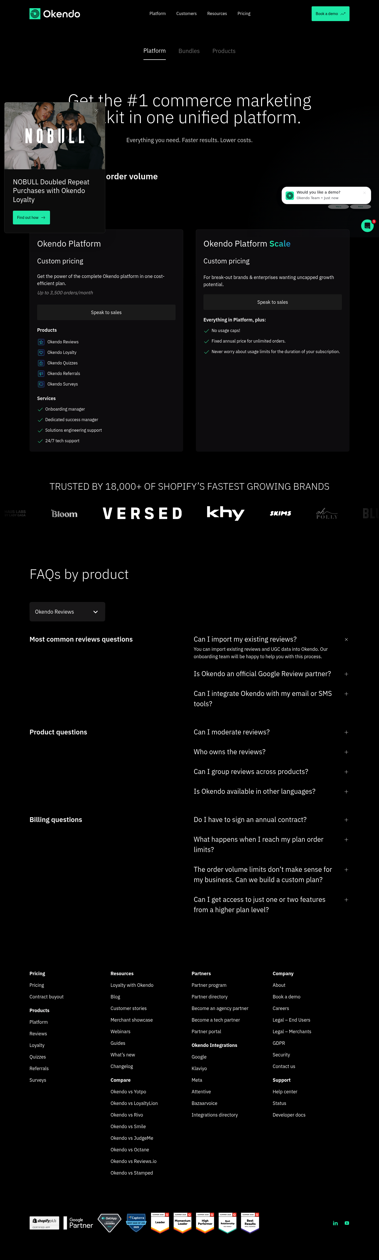Screenshot of Okendo's pricing page showing its plans and prices