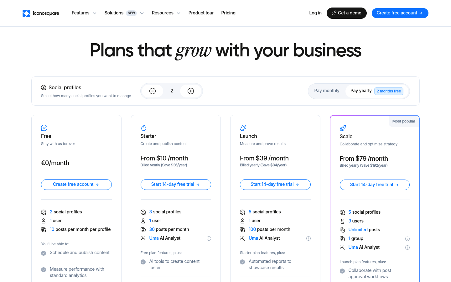 Screenshot of Iconosquare's pricing page showing its plans and prices