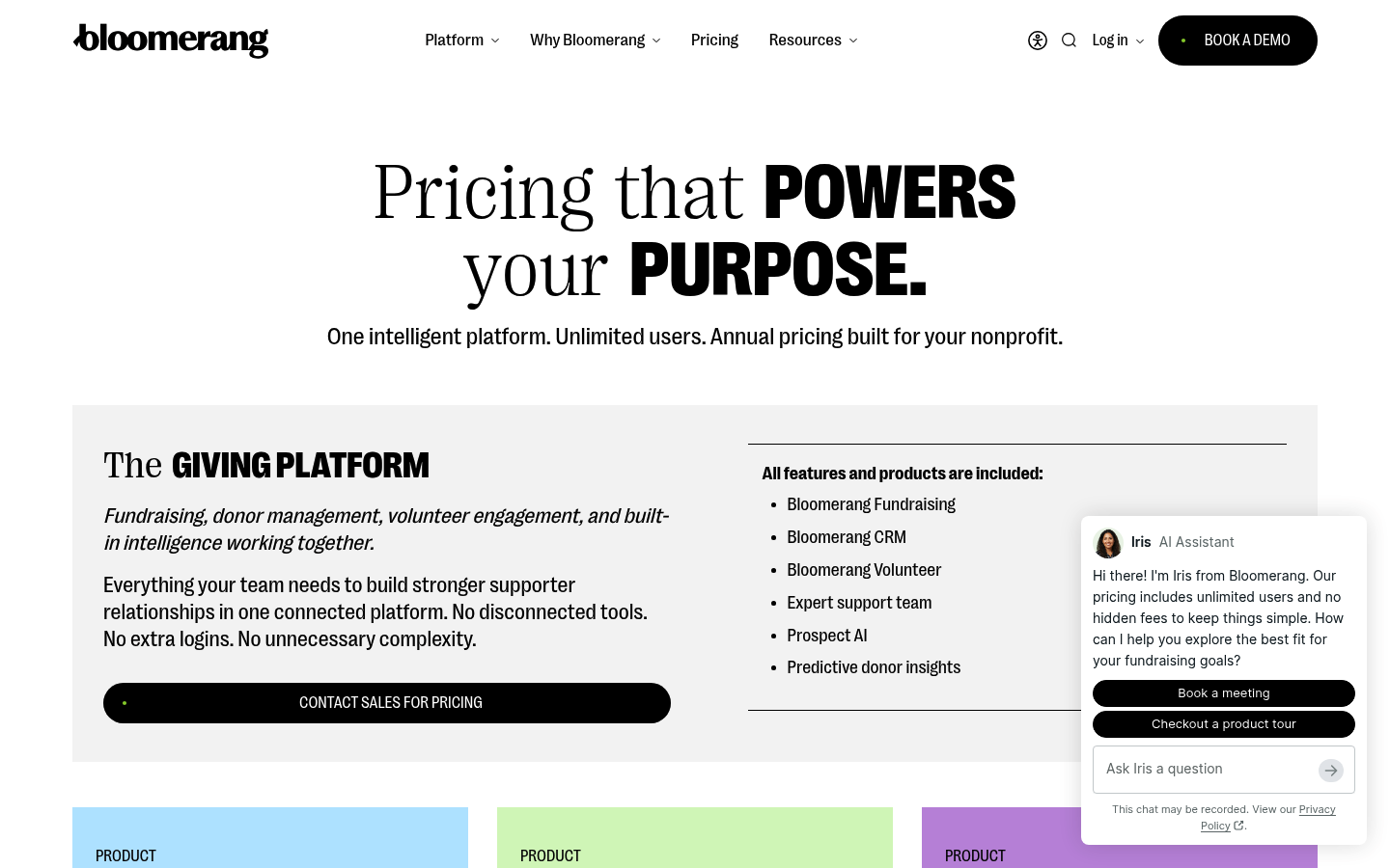 Screenshot of Bloomerang's pricing page showing its plans and prices