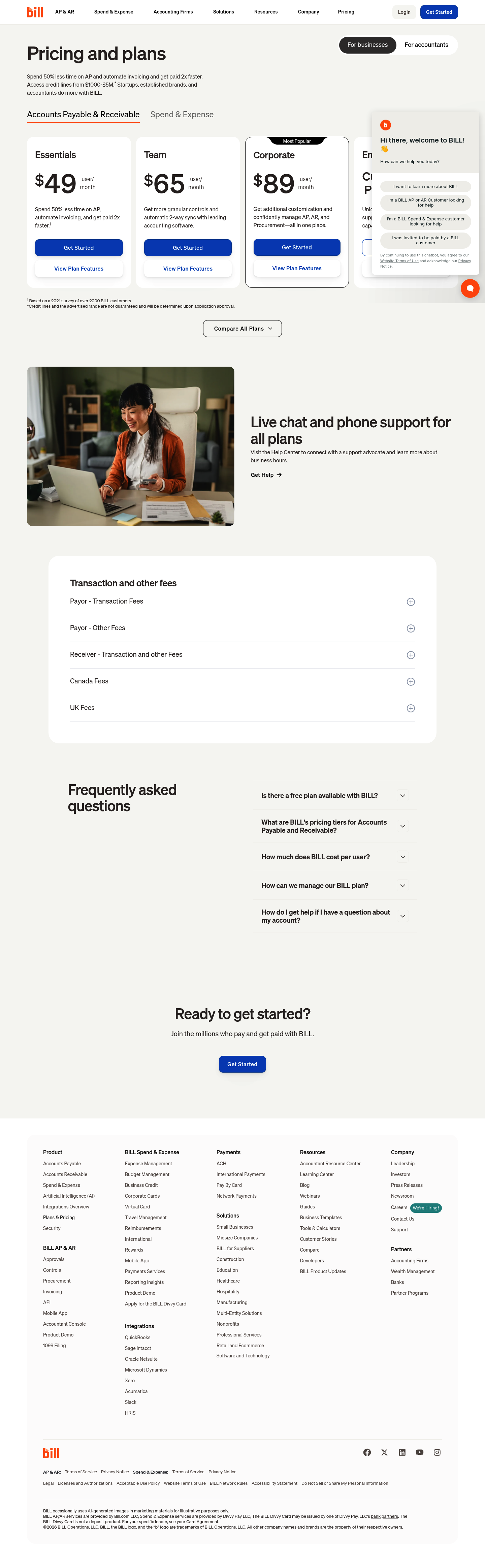 Screenshot of Bill.com's pricing page showing its plans and prices