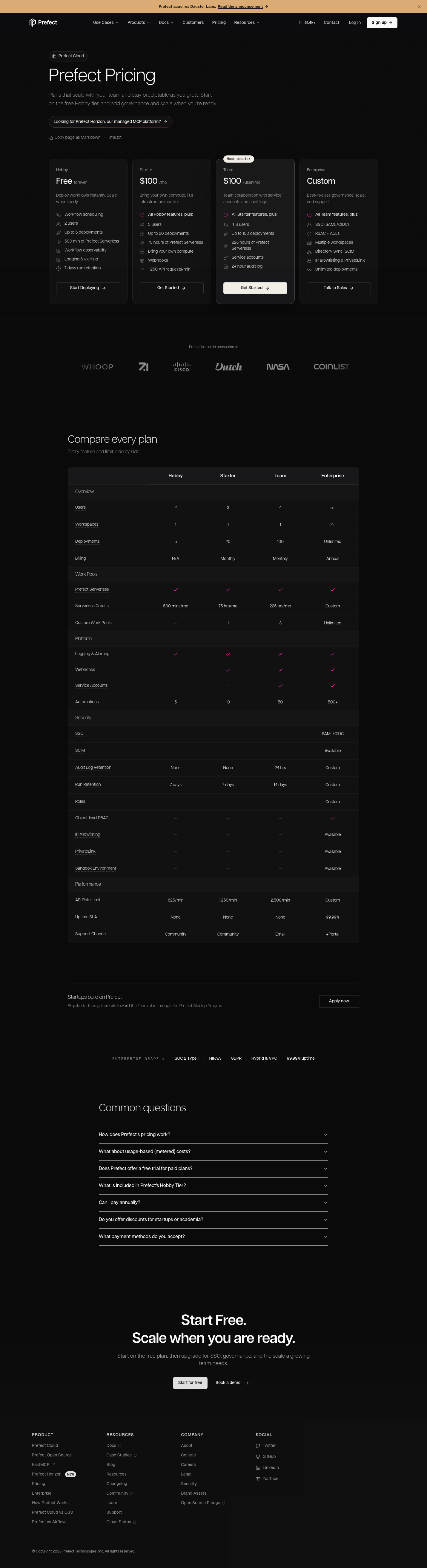 Screenshot of Prefect's pricing page showing its plans and prices