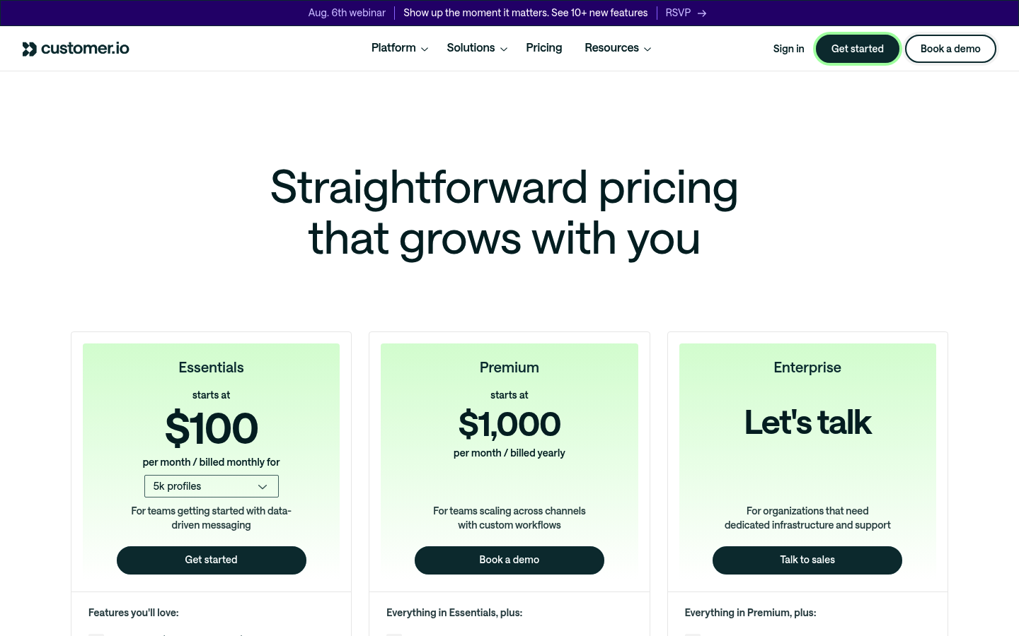 Screenshot of Customer.io's pricing page showing its plans and prices