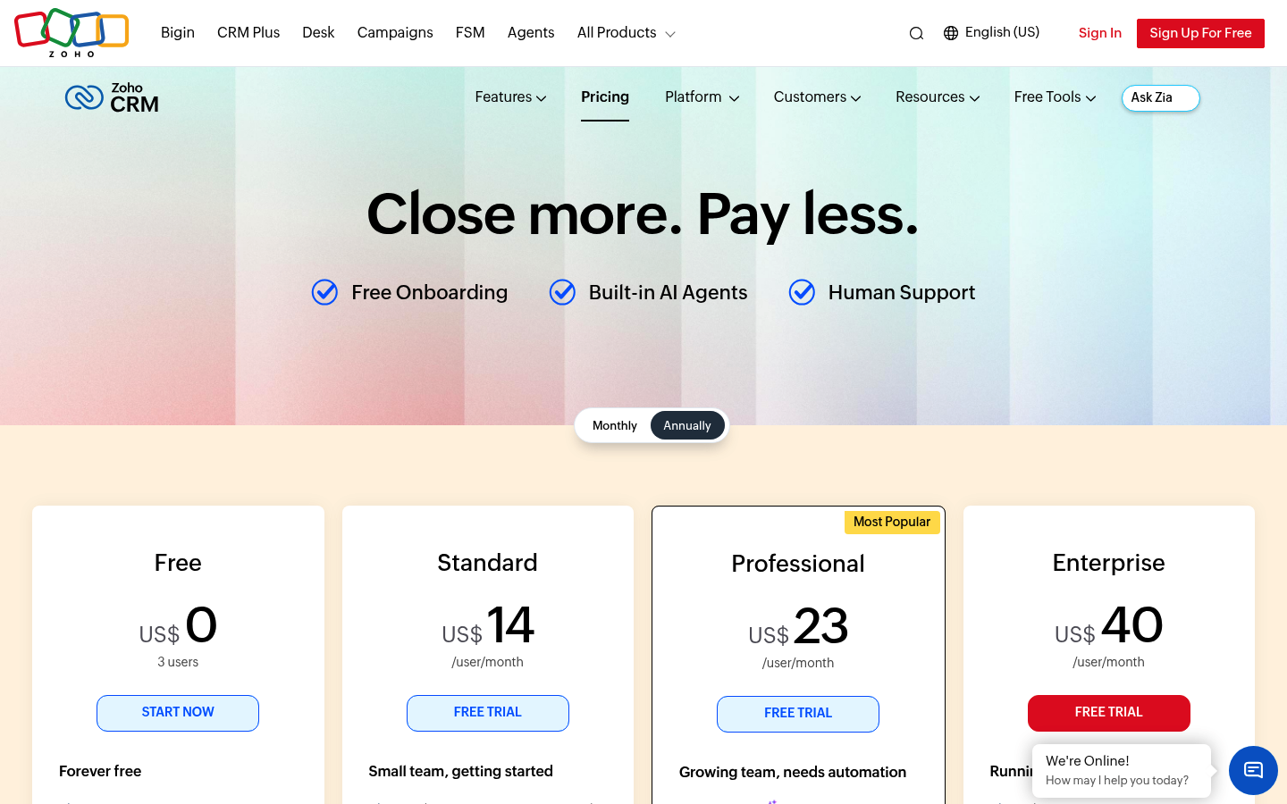 Screenshot of Zoho CRM's pricing page showing its plans and prices