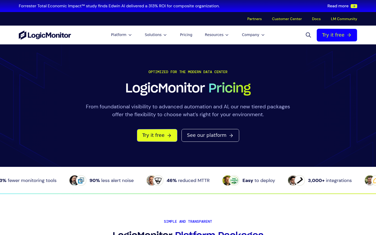 Screenshot of LogicMonitor's pricing page showing its plans and prices