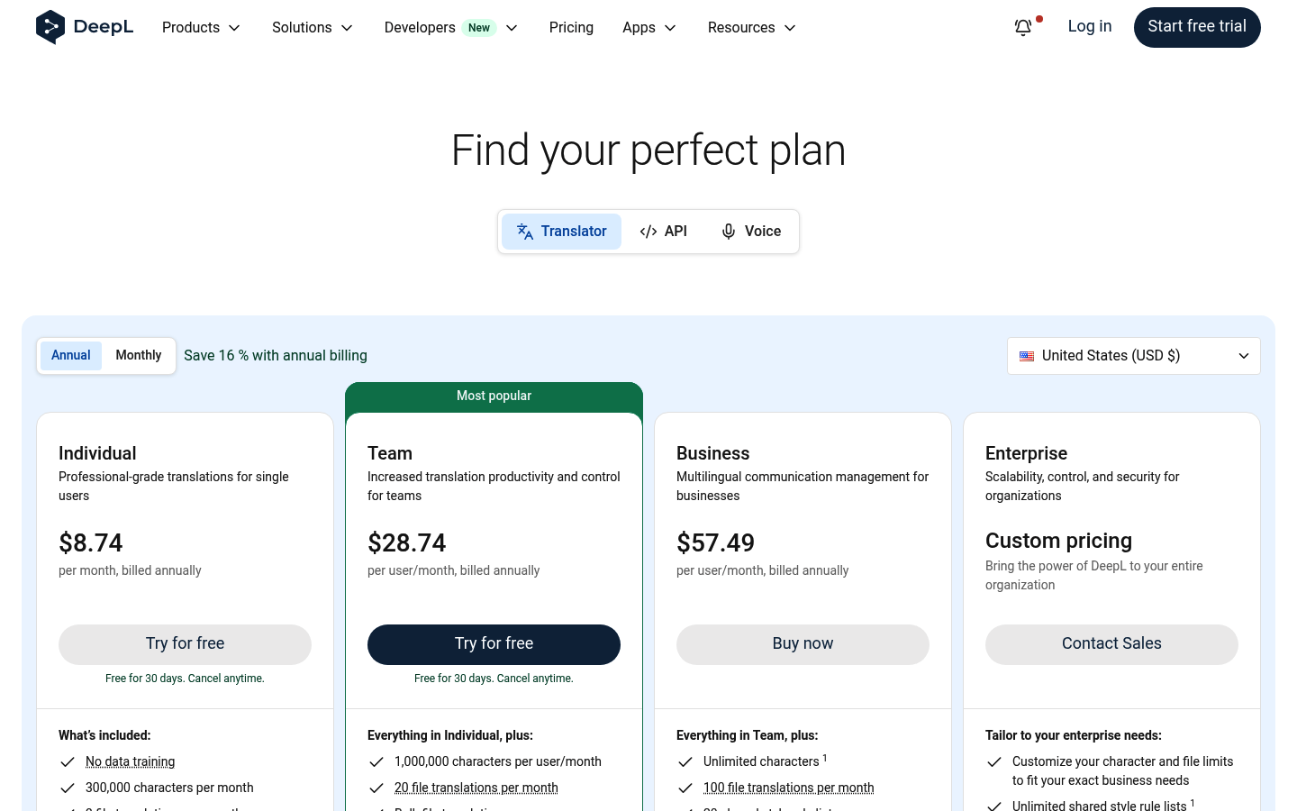Screenshot of DeepL's pricing page showing its plans and prices