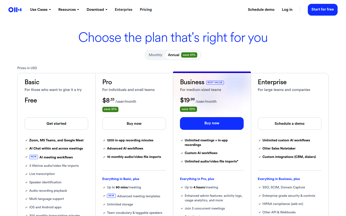 Screenshot of Otter.ai's pricing page showing its plans and prices