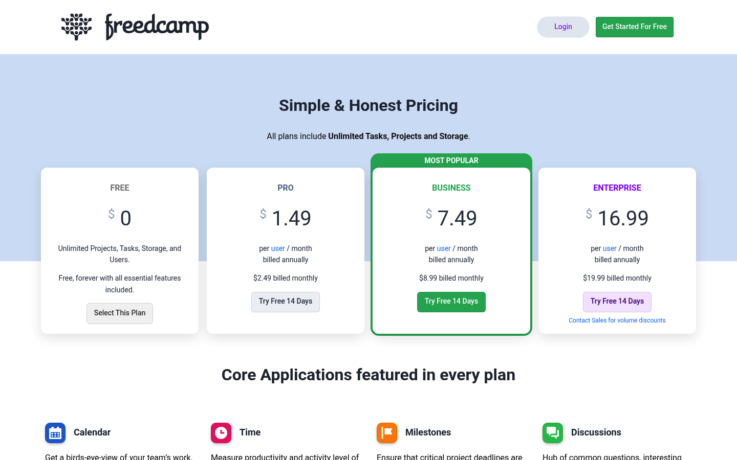 Screenshot of Freedcamp's pricing page showing its plans and prices