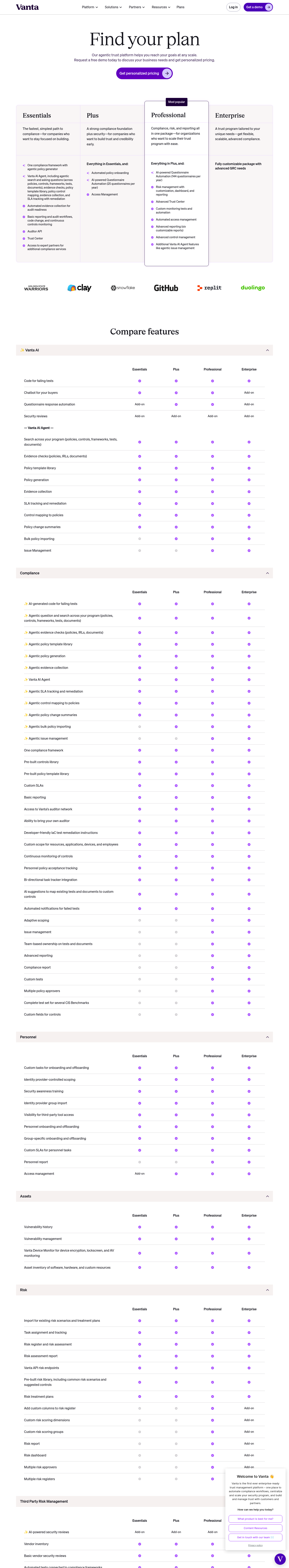 Screenshot of Vanta's pricing page showing its plans and prices