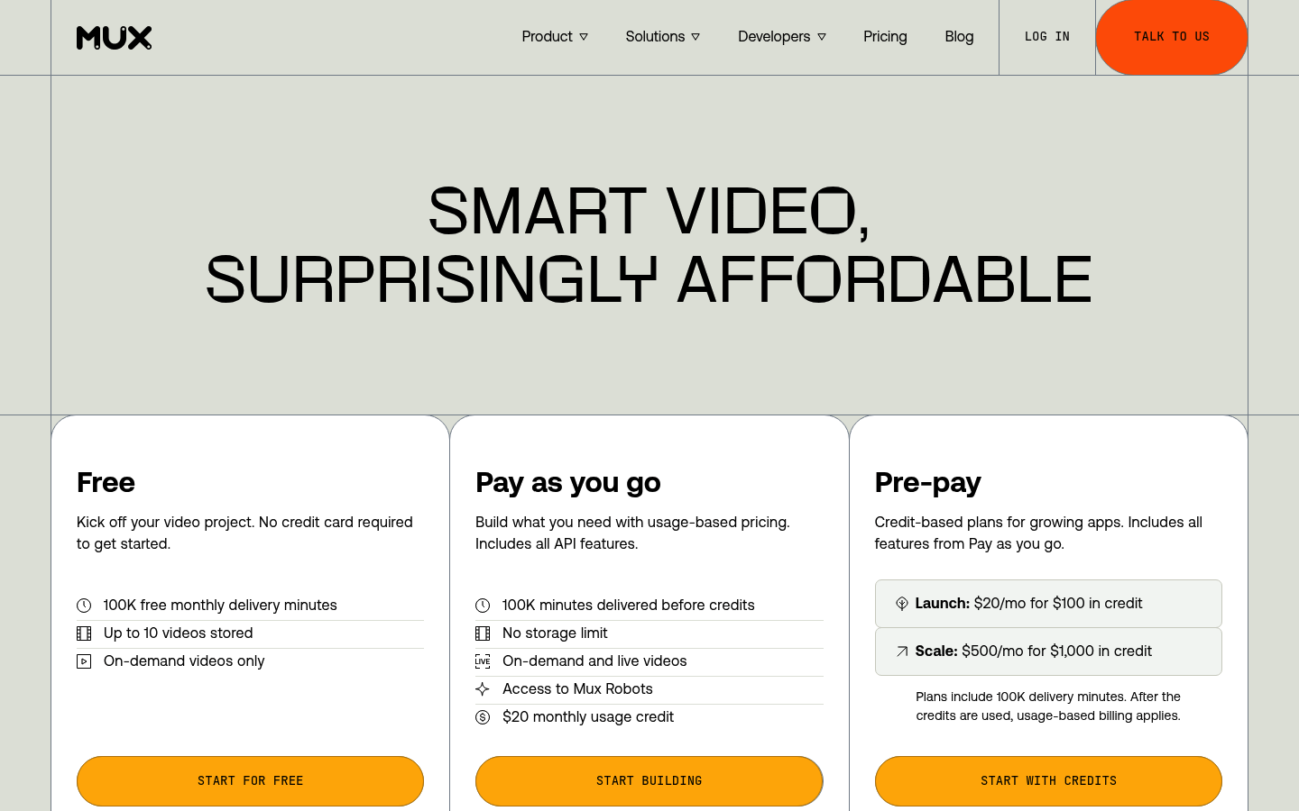 Screenshot of Mux's pricing page showing its plans and prices