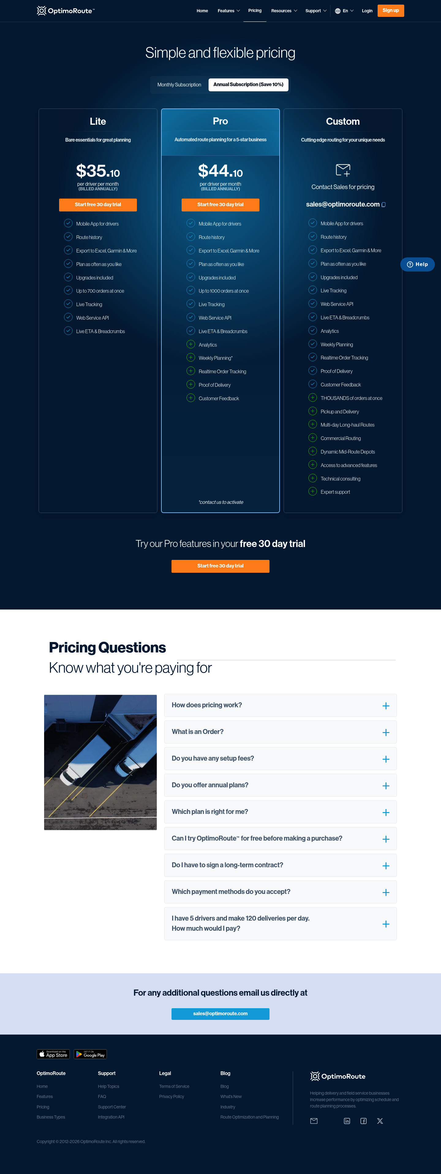 Screenshot of OptimoRoute's pricing page showing its plans and prices