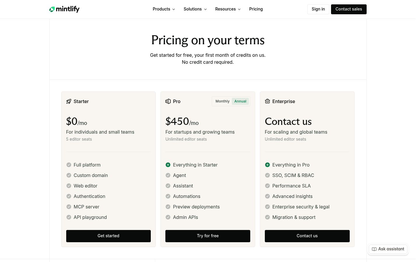 Screenshot of Mintlify's pricing page showing its plans and prices