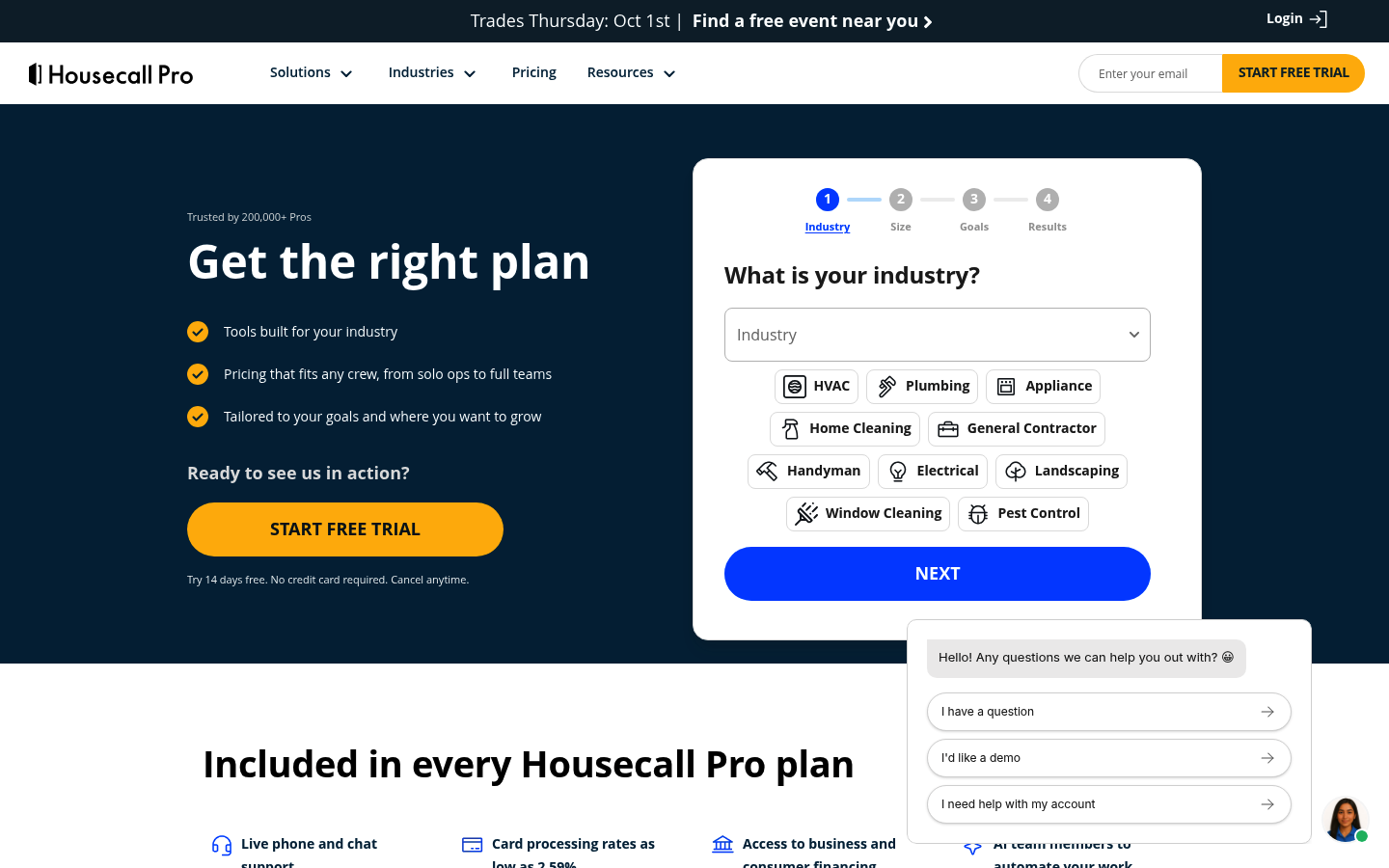 Screenshot of Housecall Pro's pricing page showing its plans and prices