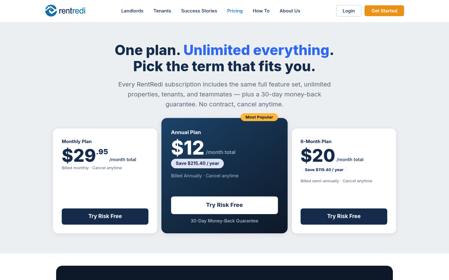 Screenshot of RentRedi's pricing page showing its plans and prices
