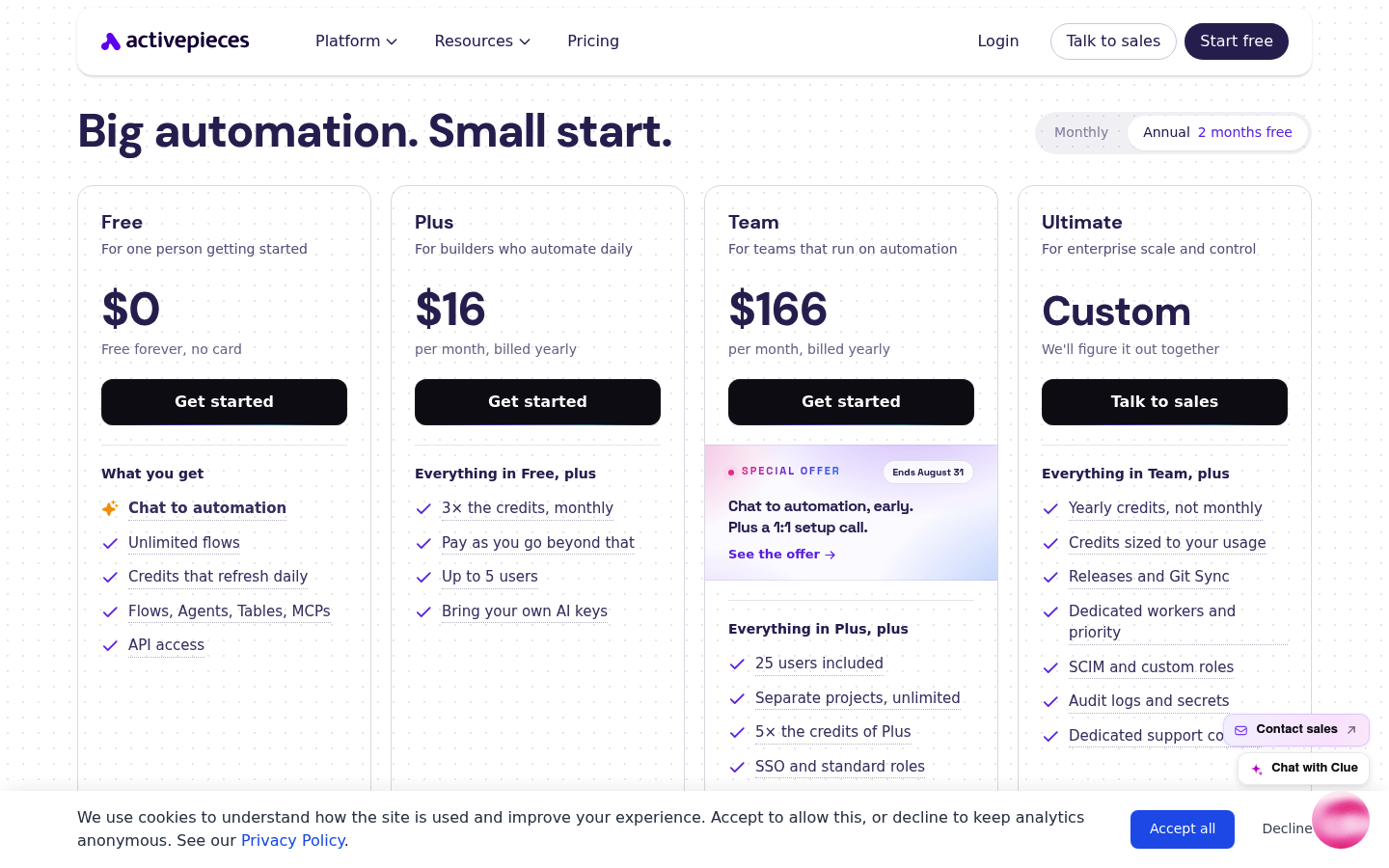 Screenshot of Activepieces's pricing page showing its plans and prices